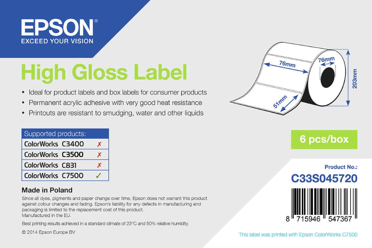 Epson High Gloss Label - Die-cut Roll: 76mm x 51mm, 2310 labels  - Printers & Scanners - Epson