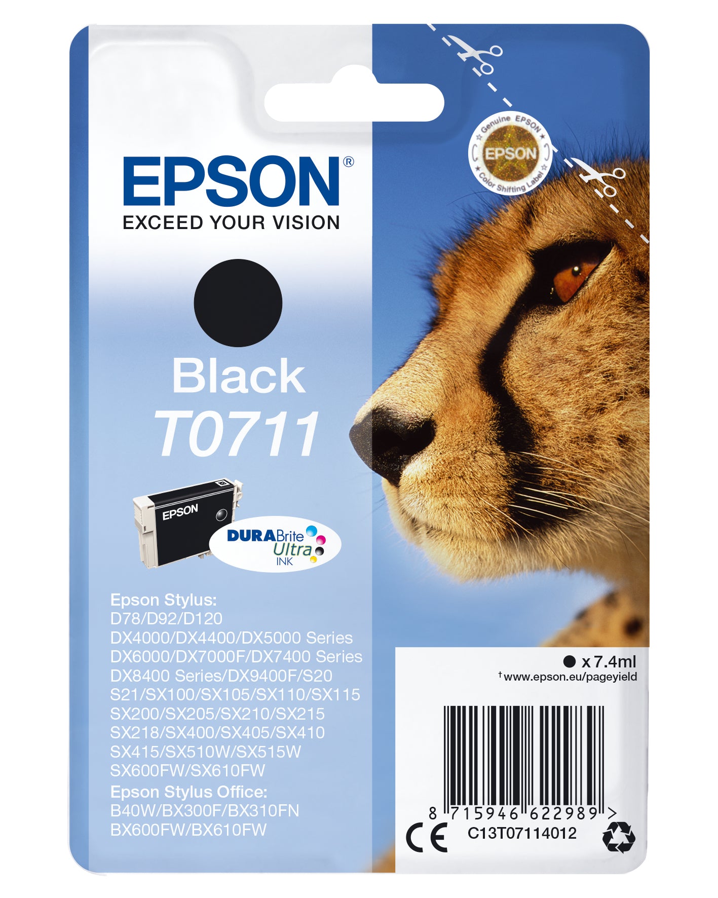 Epson C13T07114012/T0711 Ink cartridge black, 245 pages ISO/IEC 19752 7,4ml for Epson Stylus BX 310/600/D 120/D 78/S 20