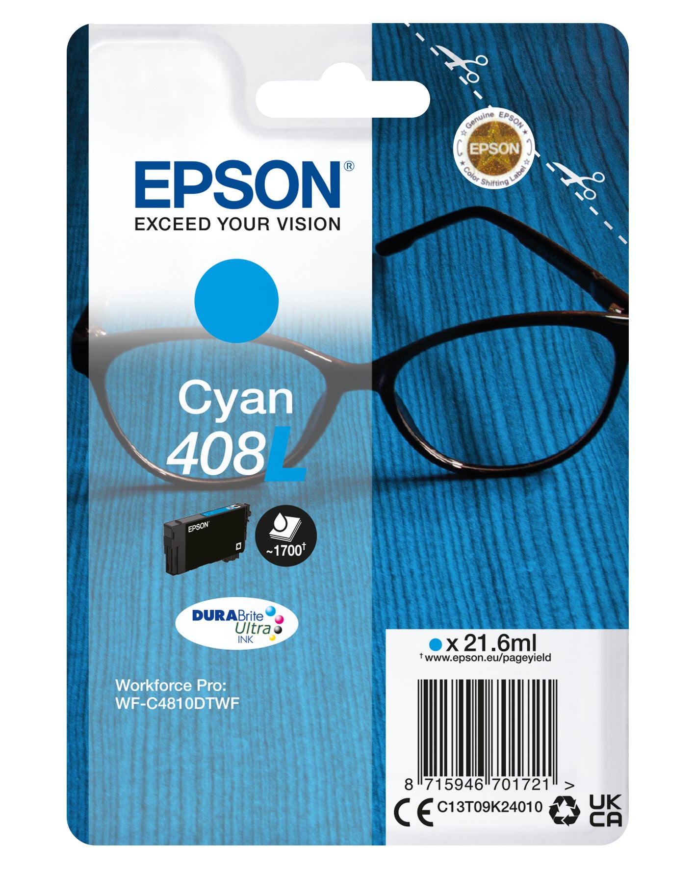 Epson C13T09K24010/408L Ink cartridge cyan high-capacity, 1.7K pages 21,6ml for Epson WF-C 4810