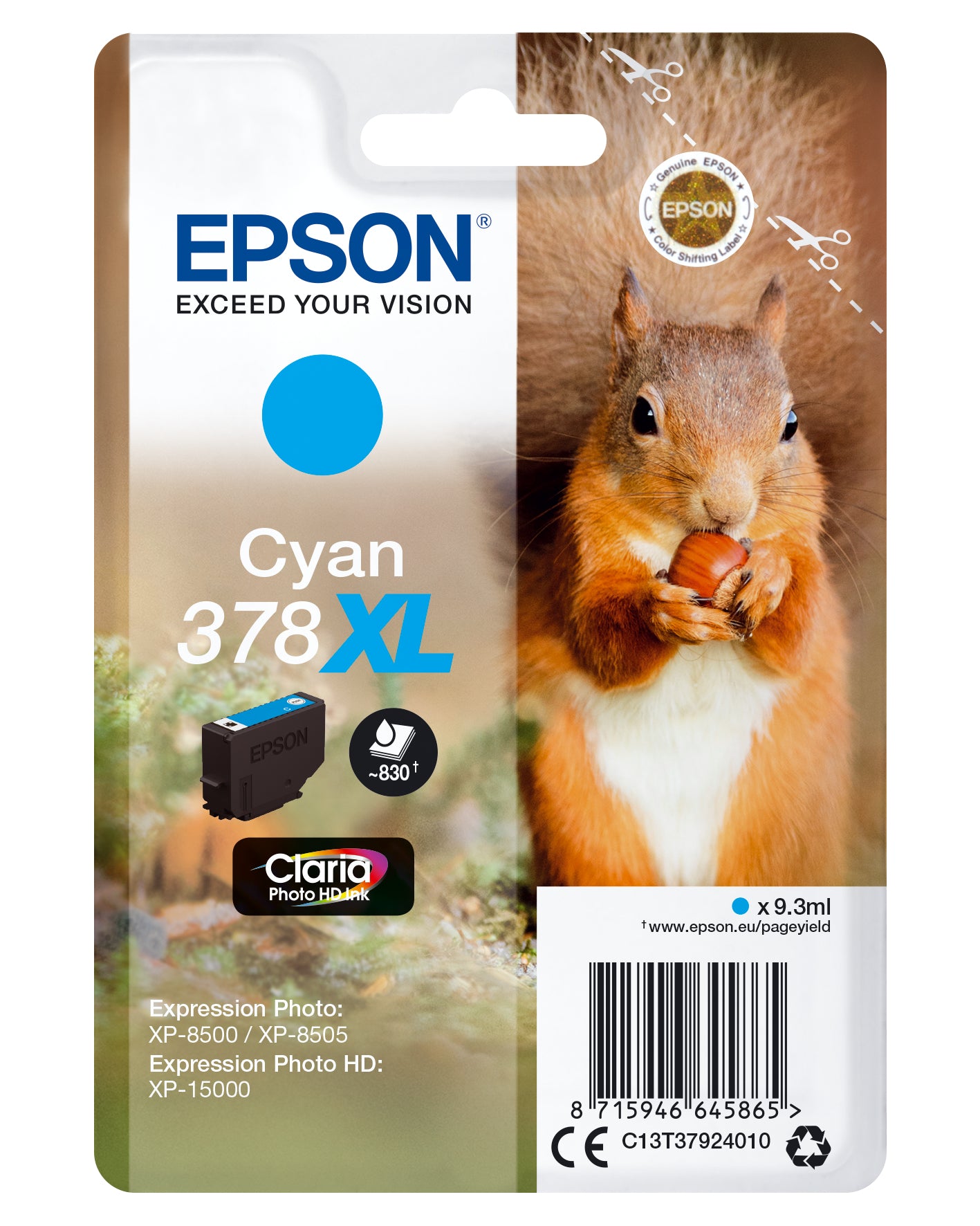 Epson C13T37924010/378XL Ink cartridge cyan high-capacity, 830 pages 9,3ml for Epson XP 15000/8000