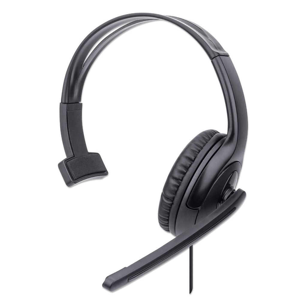 Manhattan Mono Over-Ear Headset (USB) (Clearance Pricing), Microphone Boom (padded), Retail Box Packaging, Adjustable Headband, In-Line Volume Control, Ear Cushion, USB-A for both sound and mic use, cable 1.5m, Three Year Warranty
