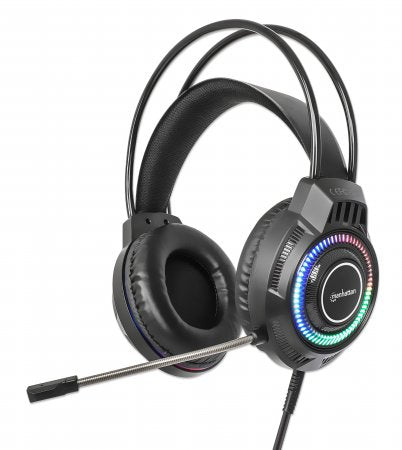 Manhattan RGB LED Over Ear USB Gaming Headset Clearance Pricing Wired USB A Plug Stereo Sound Adjustable Microphone Integrated Volume Control