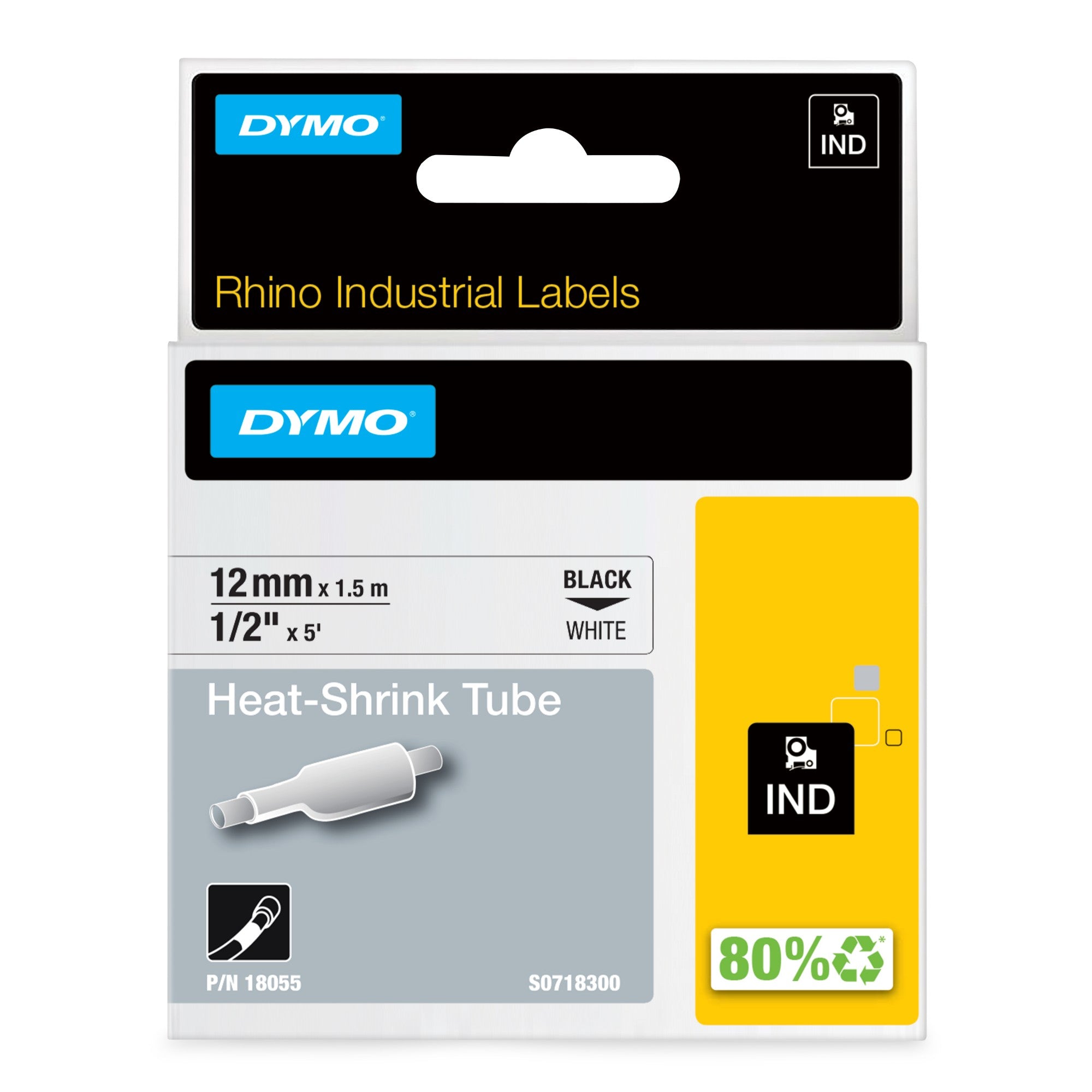 Dymo 18055/S0718300 Heat Shrink Tubes black on white 12mm x 1,5m for Dymo Rhino 6-12mm/19mm/24mm  - Printers & Scanners - DYMO