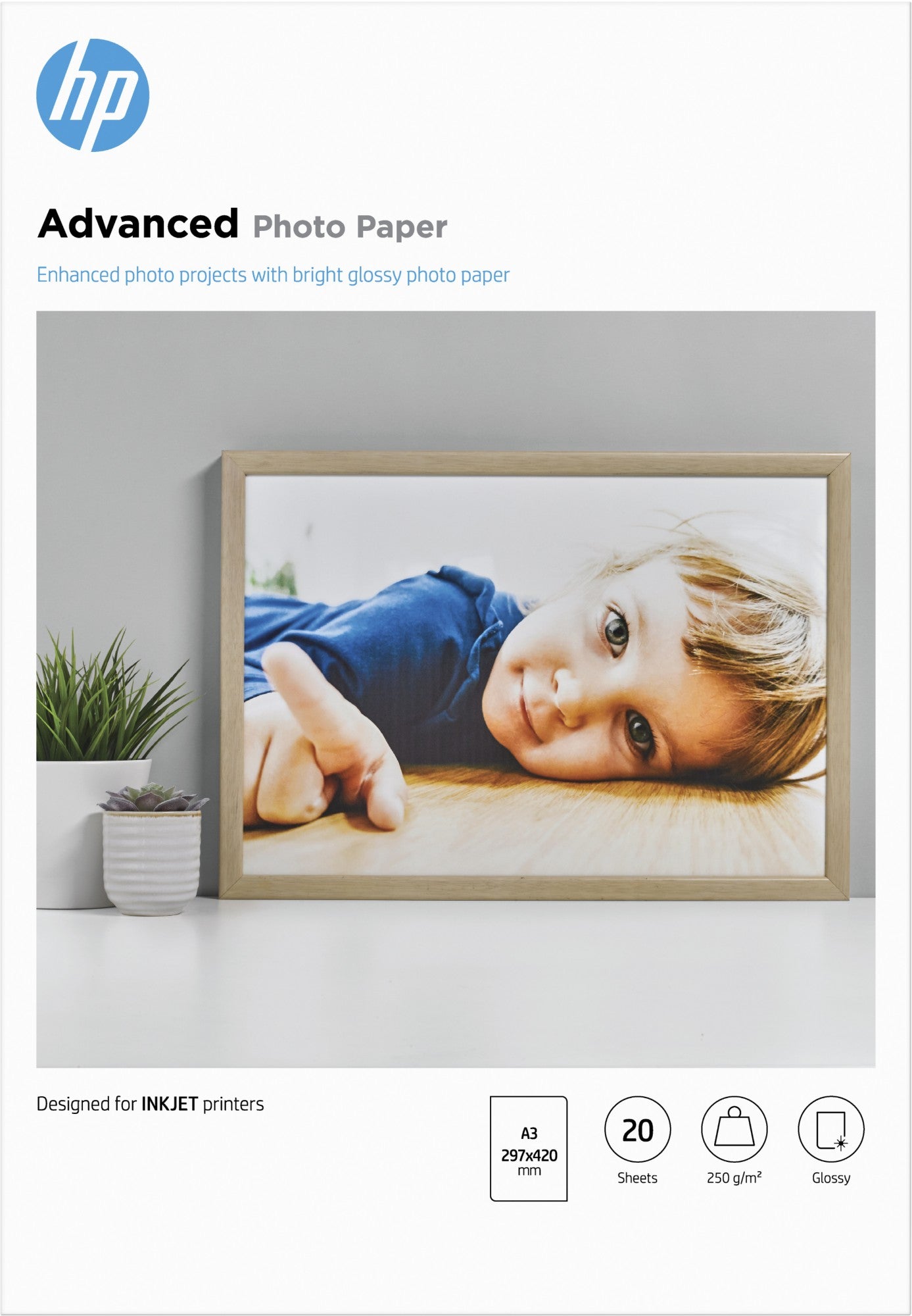 HP Advanced Photo Paper, Glossy, 250 g/m2, A3 (297 x 420 mm), 20 sheets