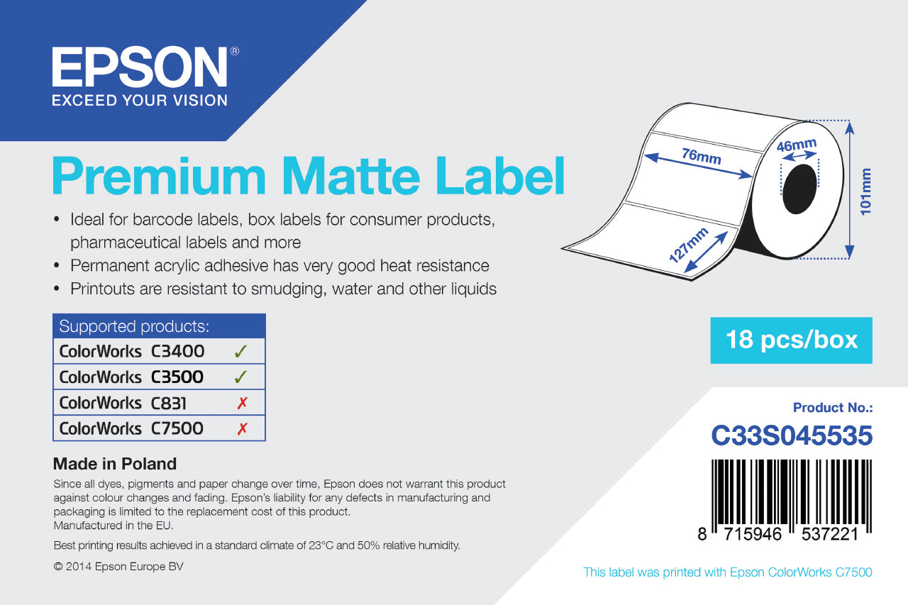 Epson C33S045535 Format-etikettes die-cut 76mm x 127mm 265 label Pack=1 for Epson TM-C 3400/3500