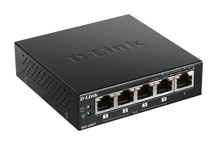 D-Link DGS-1005P Unmanaged L2 Gigabit Ethernet (10/100/1000) Power over Ethernet (PoE) Black