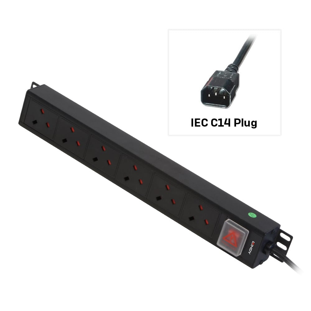 Lindy 6 Way UK Mains Sockets, Vertical PDU with IEC Mains Cable