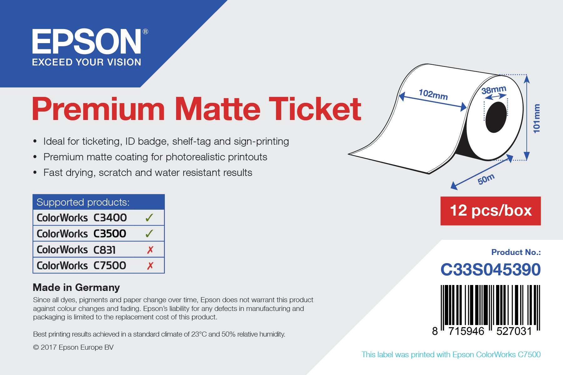 Premium Matte Ticket - Roll: 102mm x 50m