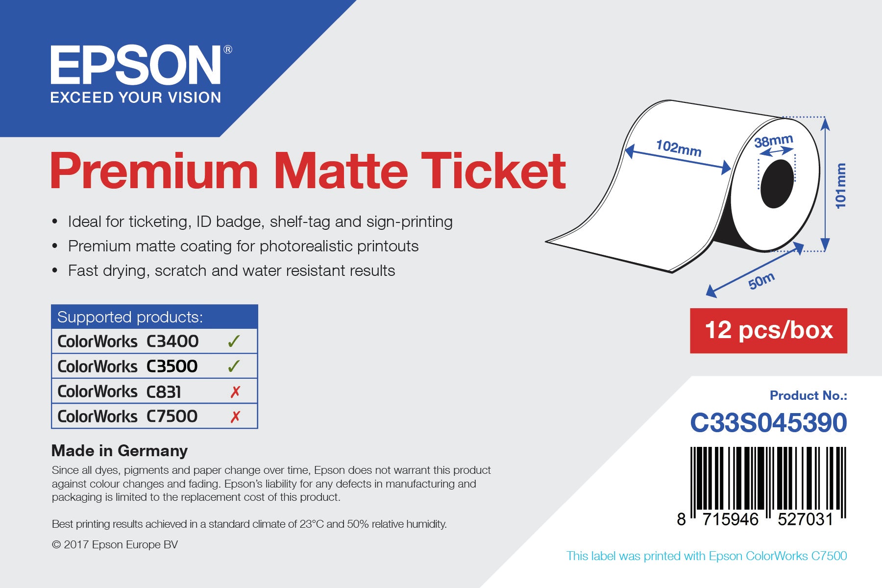 Epson Premium Matte Ticket - Roll: 102mm x 50m  - Printers & Scanners - Epson