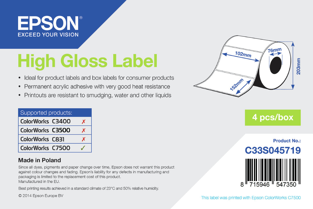 Epson High Gloss Label - Die-cut Roll: 102mm x 152mm, 800 labels