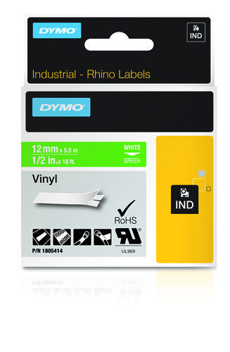 Dymo 1805414 Ribbon Vinyl white on green 12mmx5,5m for Dymo Rhino 6-12mm/19mm/24mm
