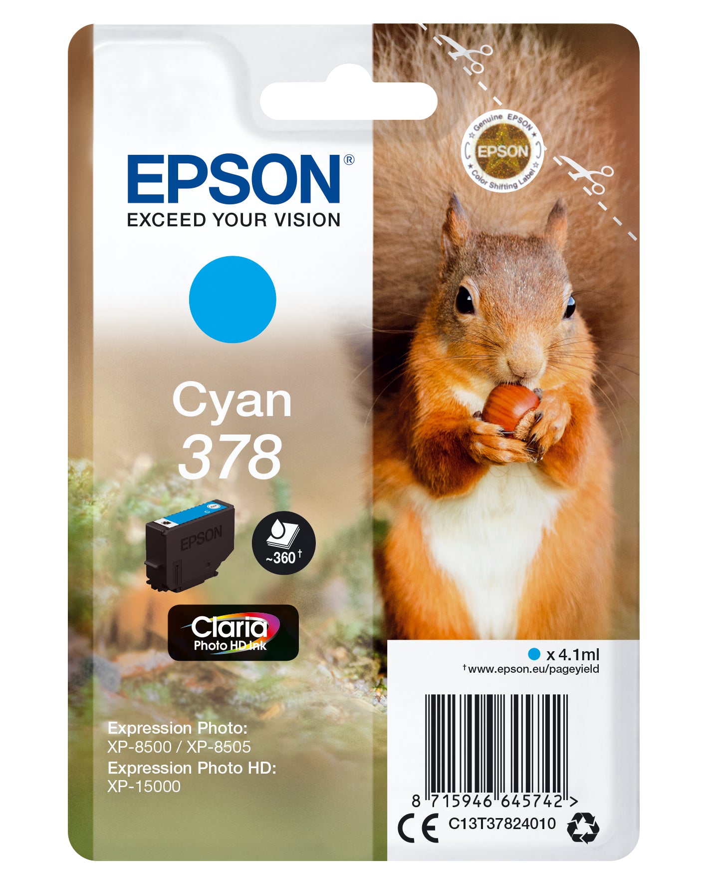 Epson C13T37824010/378 Ink cartridge cyan, 360 pages 4,1ml for Epson XP 15000/8000