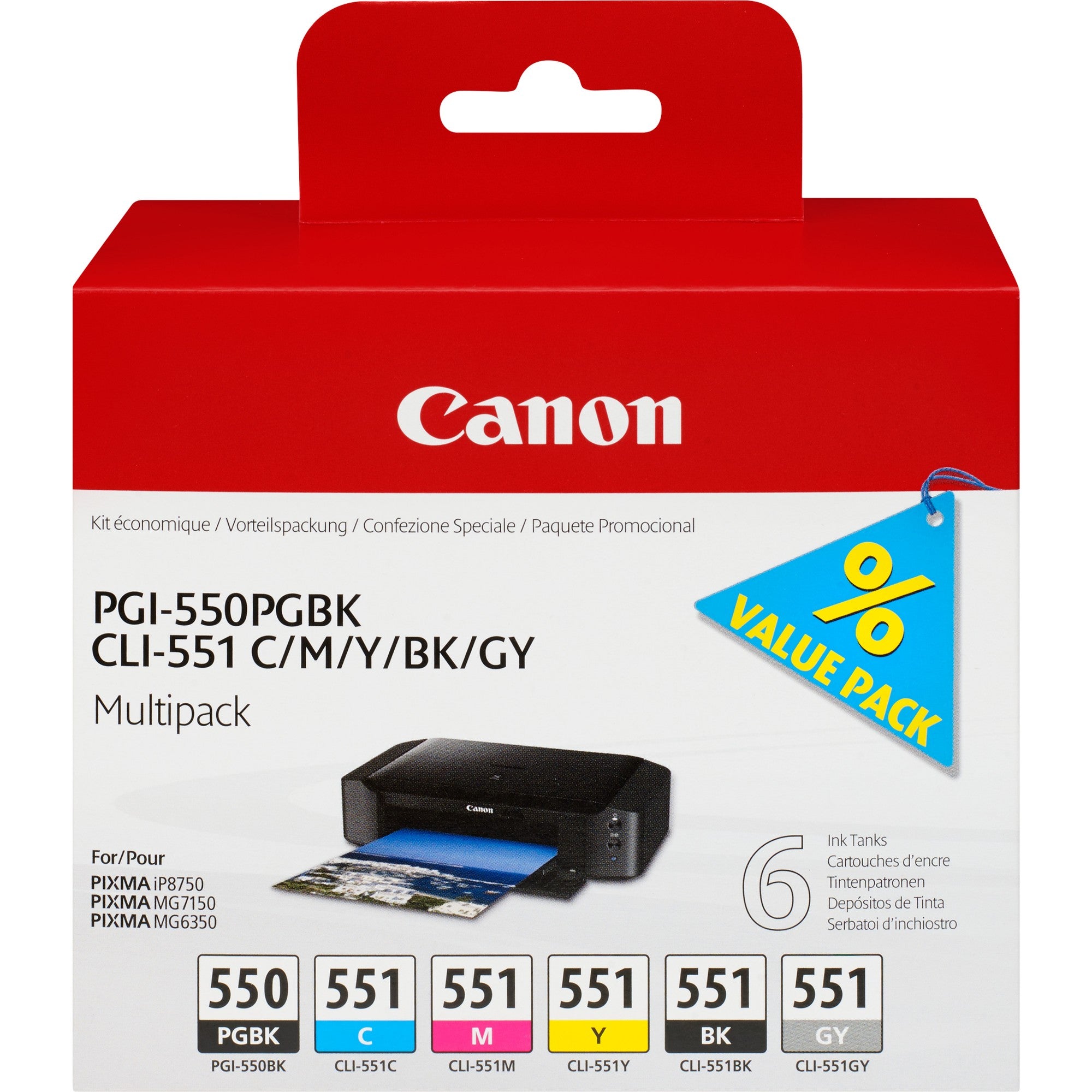 Canon 6496B005/PGI-550CLI-551 Ink cartridge multi pack Bk,C,M,Y,Gy 7ml Pack=6 for Canon Pixma IP 8700/MG 6350/MG 7550