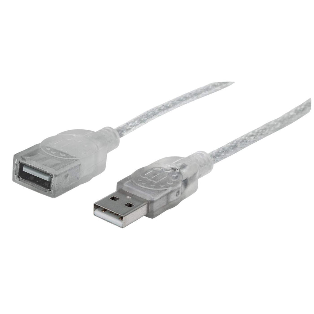 Manhattan USB-A to USB-A Extension Cable, 1.8m, Male to Female, 480 Mbps (USB 2.0), Hi-Speed USB, Translucent Silver, Lifetime Warranty, Polybag