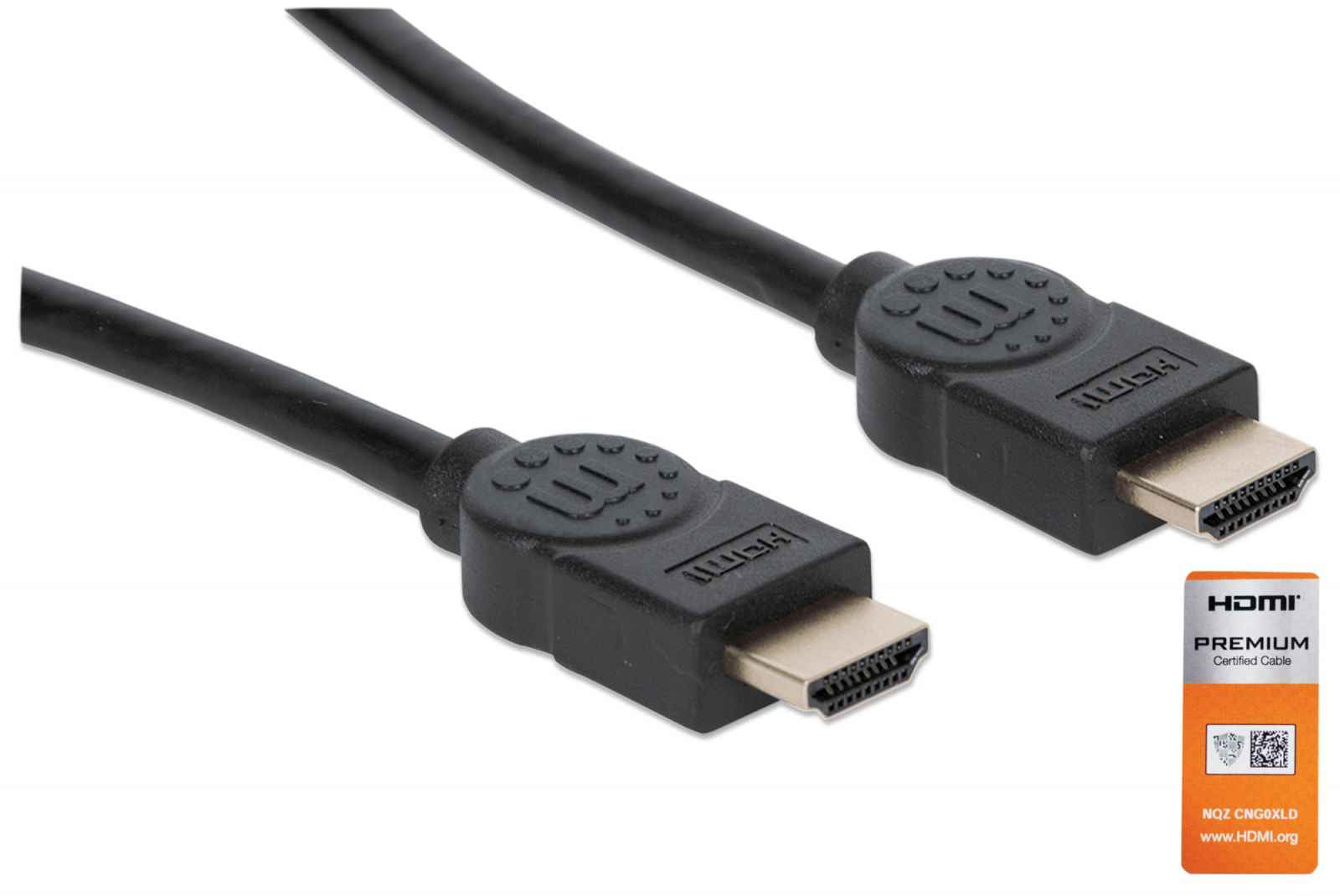 Manhattan HDMI Cable with Ethernet, 4K@60Hz (Premium High Speed), 1.8m, Male to Male, Black, Equivalent to HDMM2MP (except 20cm shorter), Ultra HD 4k x 2k, Fully Shielded, Gold Plated Contacts, Lifetime Warranty, Polybag