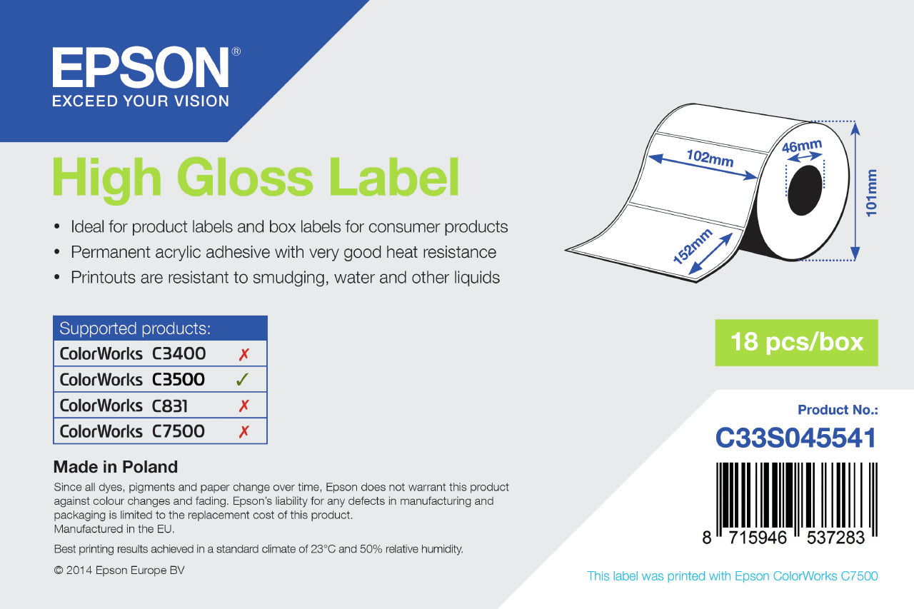 Epson C33S045541 Format-etikettes die-cut 102mm x 152m 210 Pack=1 for Epson TM-C 3500  - Printers & Scanners - Epson