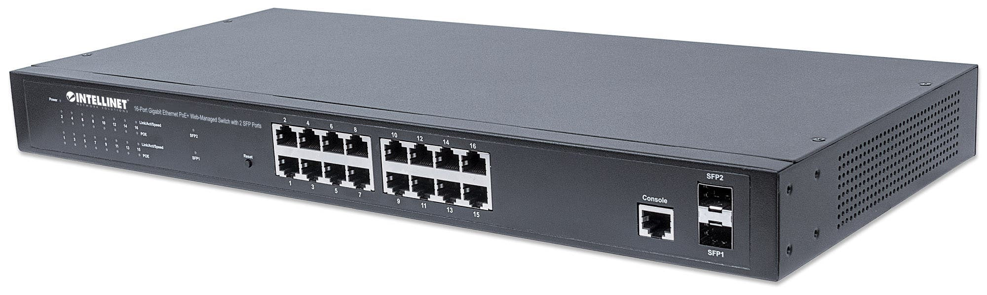 Intellinet 16-Port Gigabit Ethernet PoE+ Web-Managed Switch with 2 SFP Ports, IEEE 802.3at/af Power over Ethernet (PoE+/PoE) Compliant, 374 W, Endspan, 19" Rackmount (UK Power Cord)