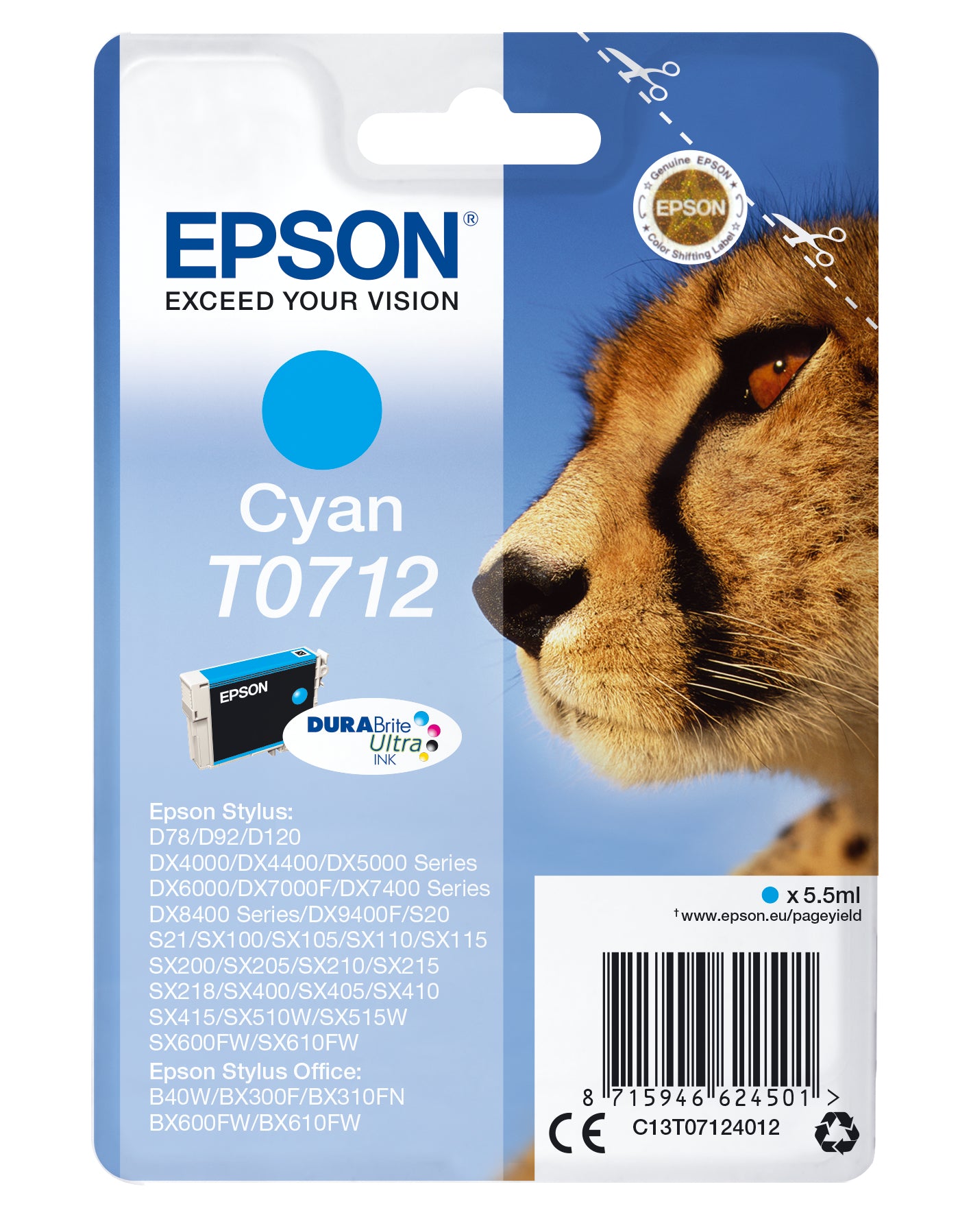 Epson C13T07124012/T0712 Ink cartridge cyan, 345 pages ISO/IEC 19752 5,5ml for Epson Stylus BX 310/600/D 120/D 78/S 20