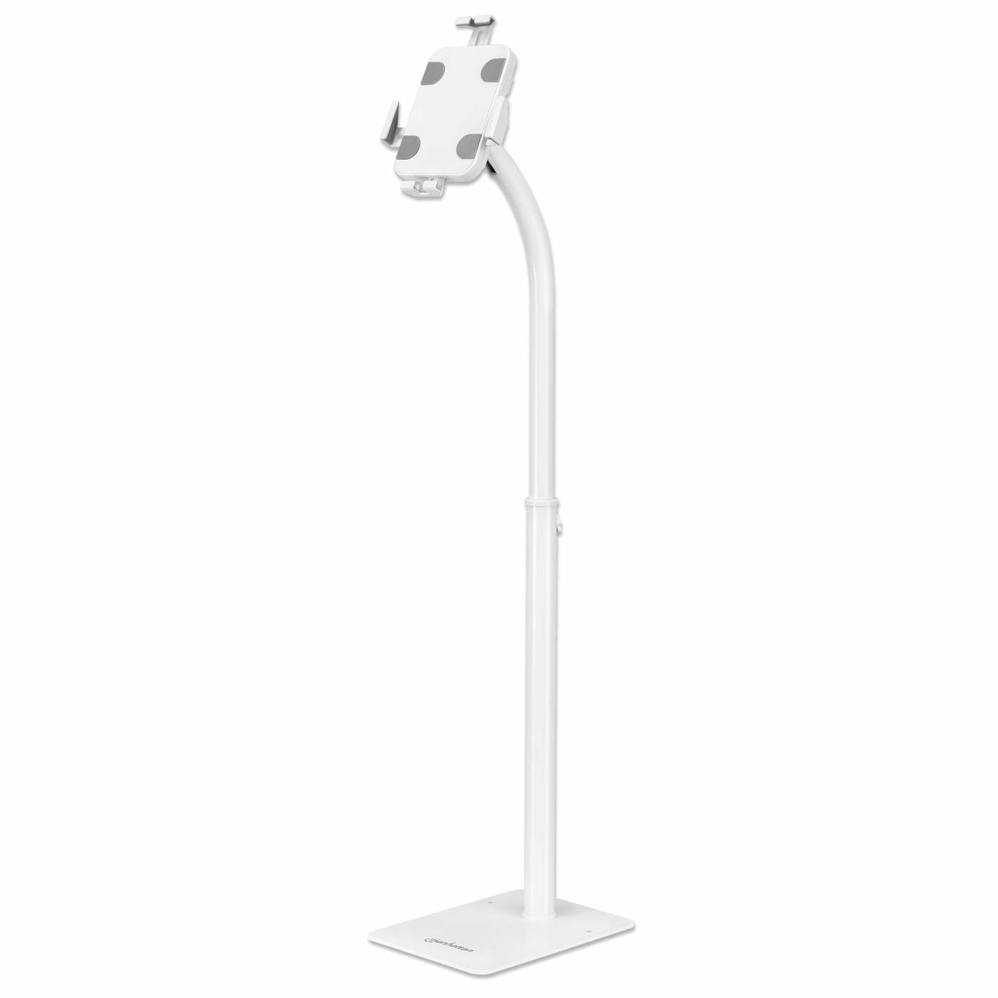 Manhattan Floor Stand (Anti theft) for Tablet and iPad, Universal, 360° Rotation, Tilt +20° to -110°, White, Lockable, Tablets 7.9" to 11", Height adjustable 790 to 1190mm,Extendable clamps: height 200 to 246mm/width 129 to 181mm,Can be bolted to floor (p