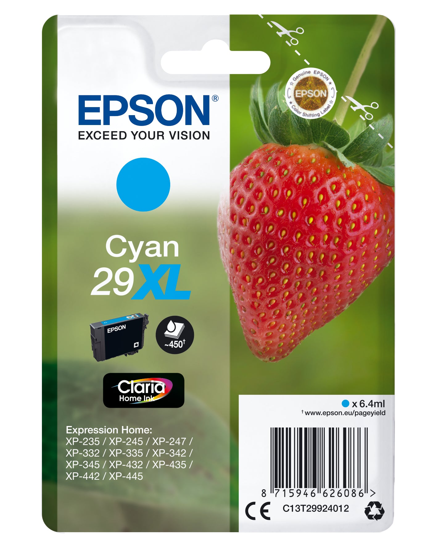 Epson C13T29924012/29XL Ink cartridge cyan high-capacity, 450 pages ISO/IEC 19752 6,4ml for Epson XP 235/335