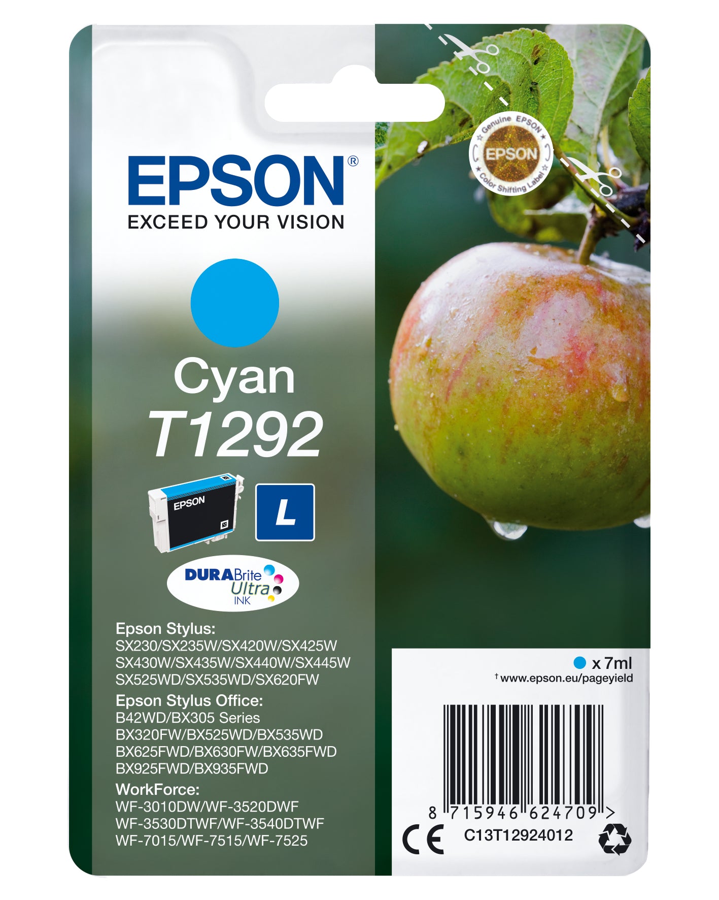 Epson C13T12924012/T1292 Ink cartridge cyan, 460 pages ISO/IEC 19752 7ml for Epson Stylus BX 320/SX 235 W/SX 420/SX 525/WF 3500