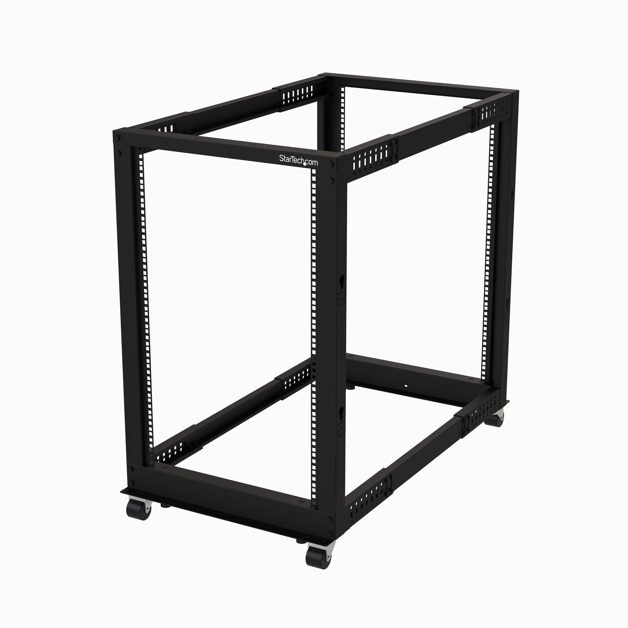 StarTech.com 4-Post 18U Mobile Open Frame Server Rack, Four Post 19" Network Rack with Wheels, Rolling Rack with Adjustable Depth for Computer/AV/Data/IT Equipment - Casters, Leveling Feet or Floor Mounting