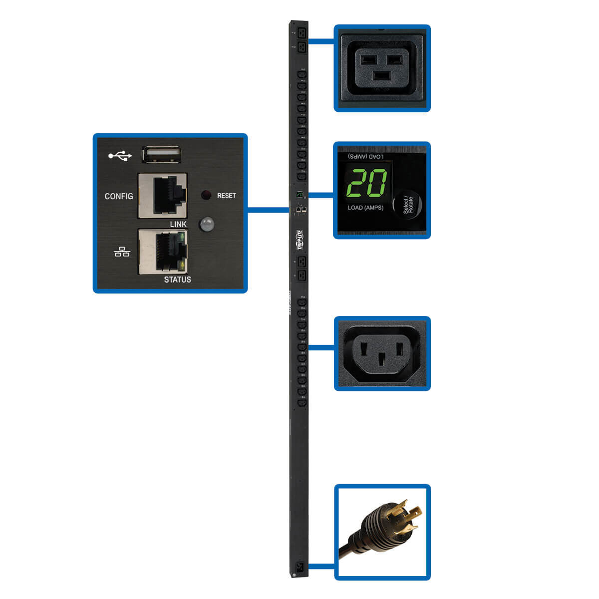 Tripp Lite PDUMV20HVNETLX 3.7kW Single-Phase Switched PDU - LX Interface, 208/230V Outlets (20 C13 & 4 C19), C20/L6-20P, 0U, TAA  - Batteries & Power Supplies - Tripp Lite