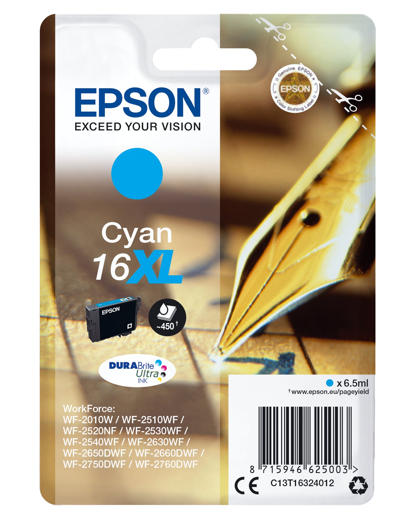 Epson C13T16324012/16XL Ink cartridge cyan high-capacity XL, 450 pages 6,5ml for Epson WF 2010/2660/2750