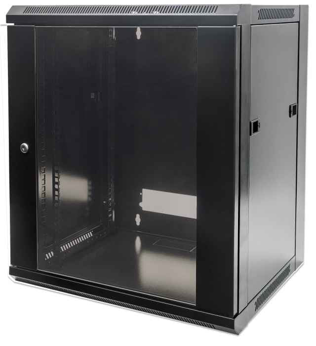 Intellinet Network Cabinet, Wall Mount (Standard), 15U, Usable Depth 410mm/Width 510mm, Black, Flatpack, Max 60kg, Metal & Glass Door, Back Panel, Removeable Sides,Suitable also for use on desk or floor, 19",Parts for wall install (eg screws/rawl plugs) n