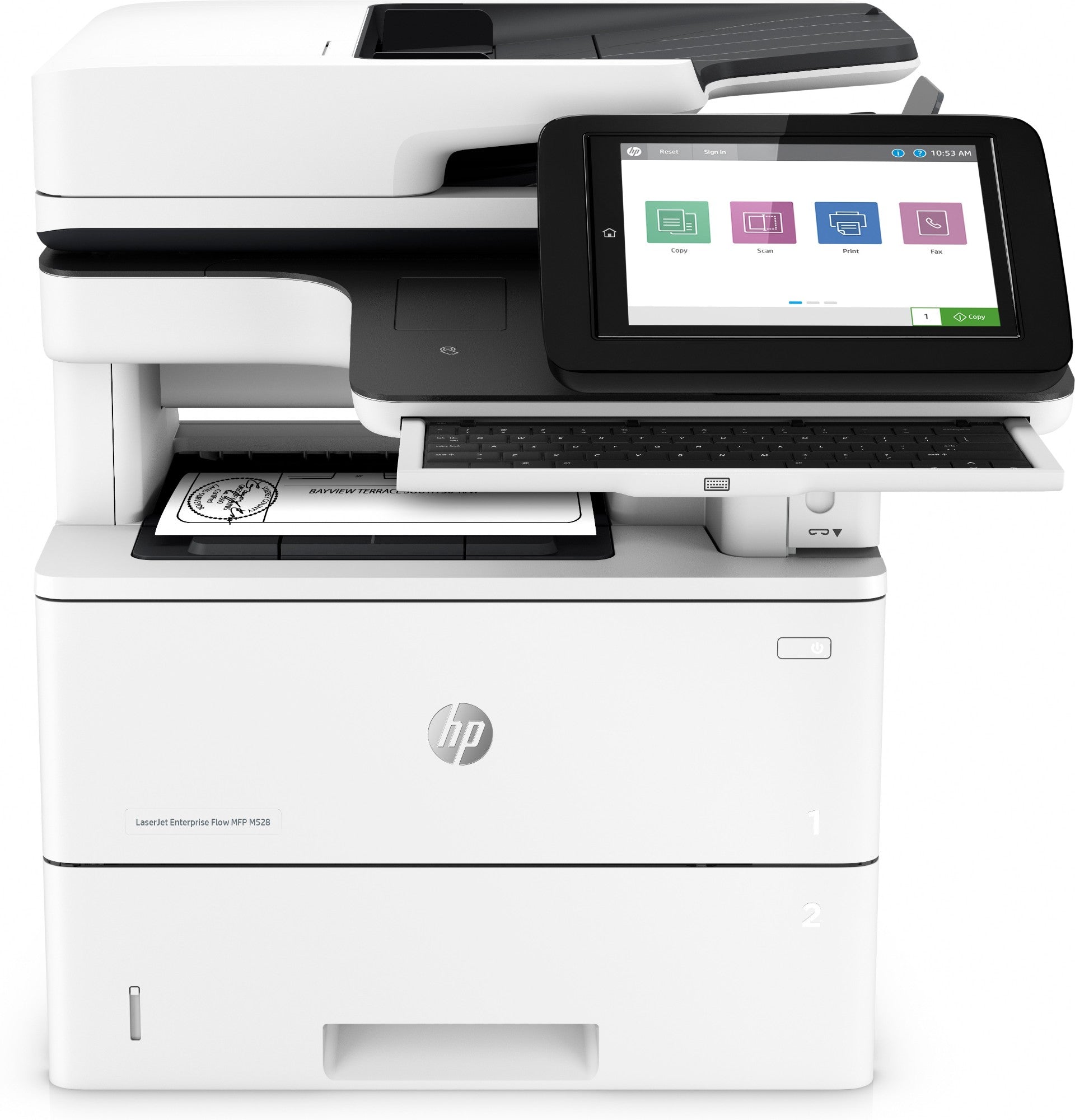 HP LaserJet Enterprise Flow MFP M528z, Print, copy, scan, fax, Front-facing USB printing; Scan to email; Two-sided printing; Two-sided scanning