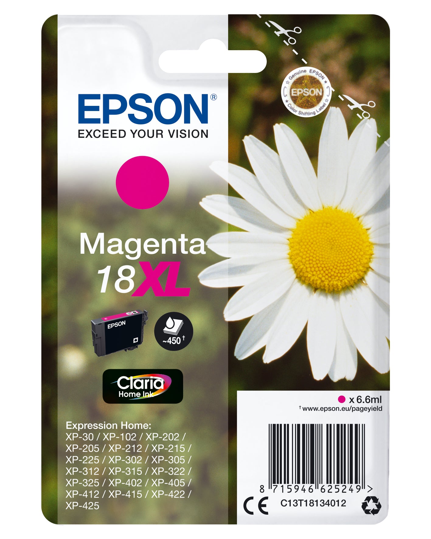 Epson C13T18134012/18XL Ink cartridge magenta high-capacity, 450 pages 6,6ml for Epson XP 30