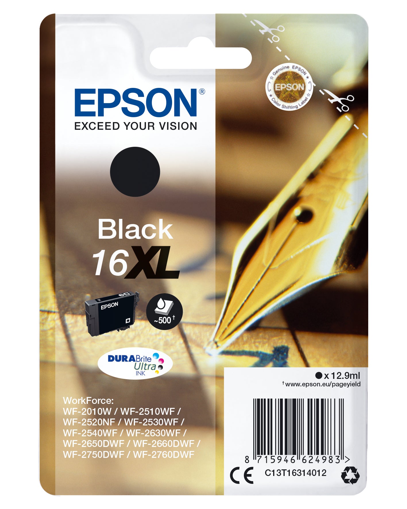 Epson C13T16314012/16XL Ink cartridge black high-capacity XL, 500 pages 12,9ml for Epson WF 2010/2660/2750  - Printers & Scanners - Epson