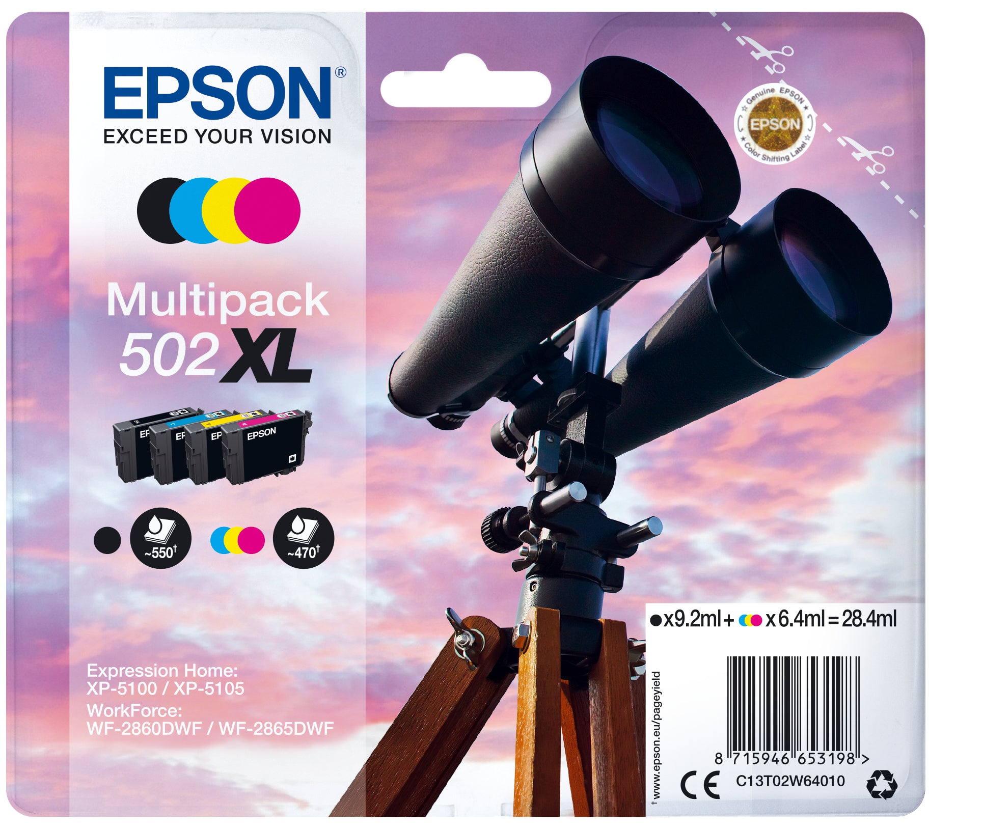 Epson C13T02W64010/502XL Ink cartridge multi pack Bk,C,M,Y high-capacity 28,4ml 9,2ml + 3x6,4ml Pack=4 for Epson XP 5100