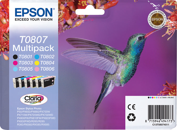 Epson C13T08074011/T0807 Ink cartridge multi pack Bk,C,M,Y,LC,LM, 6x220 pages 6x7,4ml Pack=6 for Epson Stylus Photo P 50/PX/PX 730/R 265