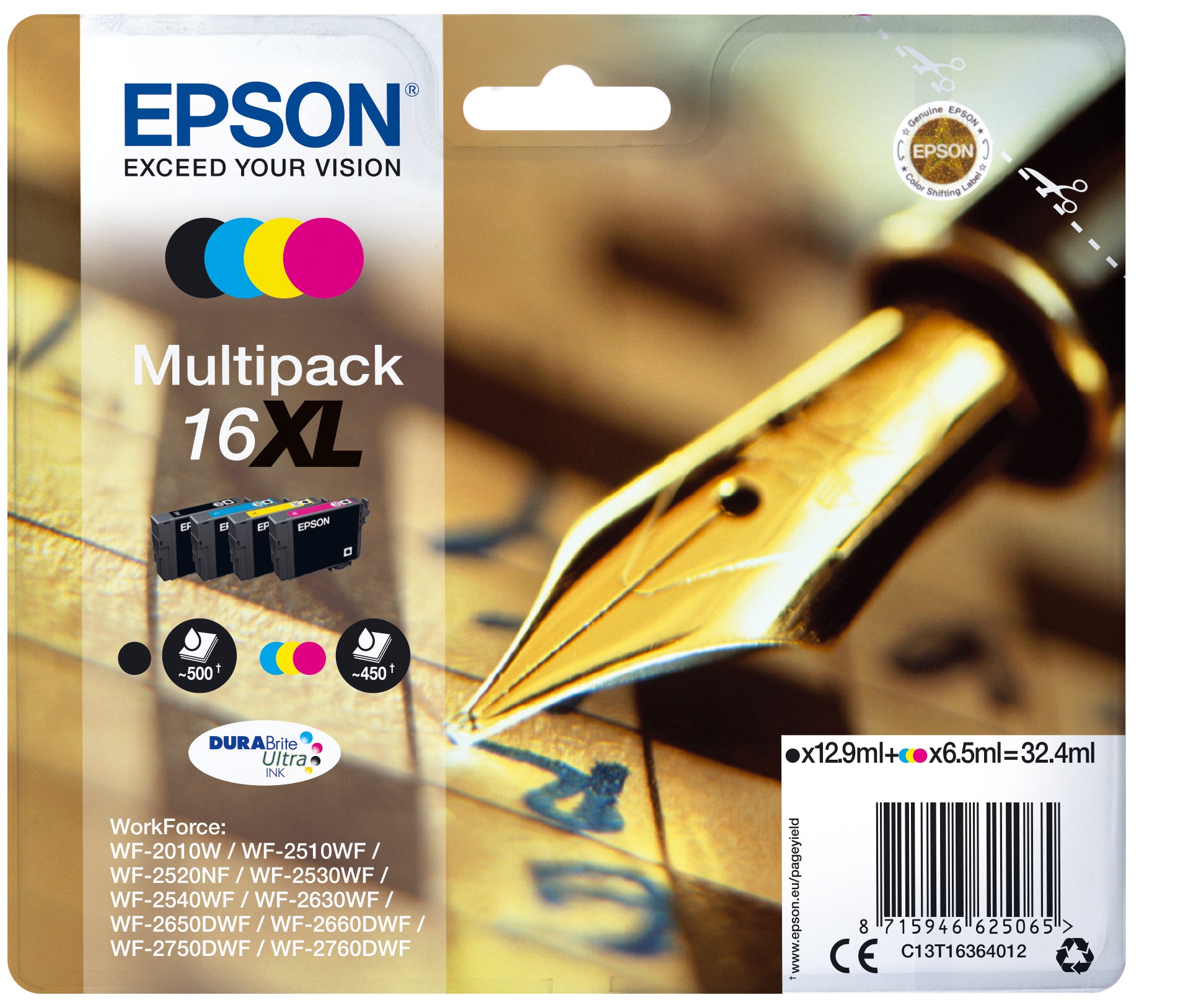Epson C13T16364022/16XL Ink cartridge multi pack Bk,C,M,Y high-capacity XL Blister Radio Frequency 12,9ml + 3x 6,5ml  Pack=4 for Epson WF 2010