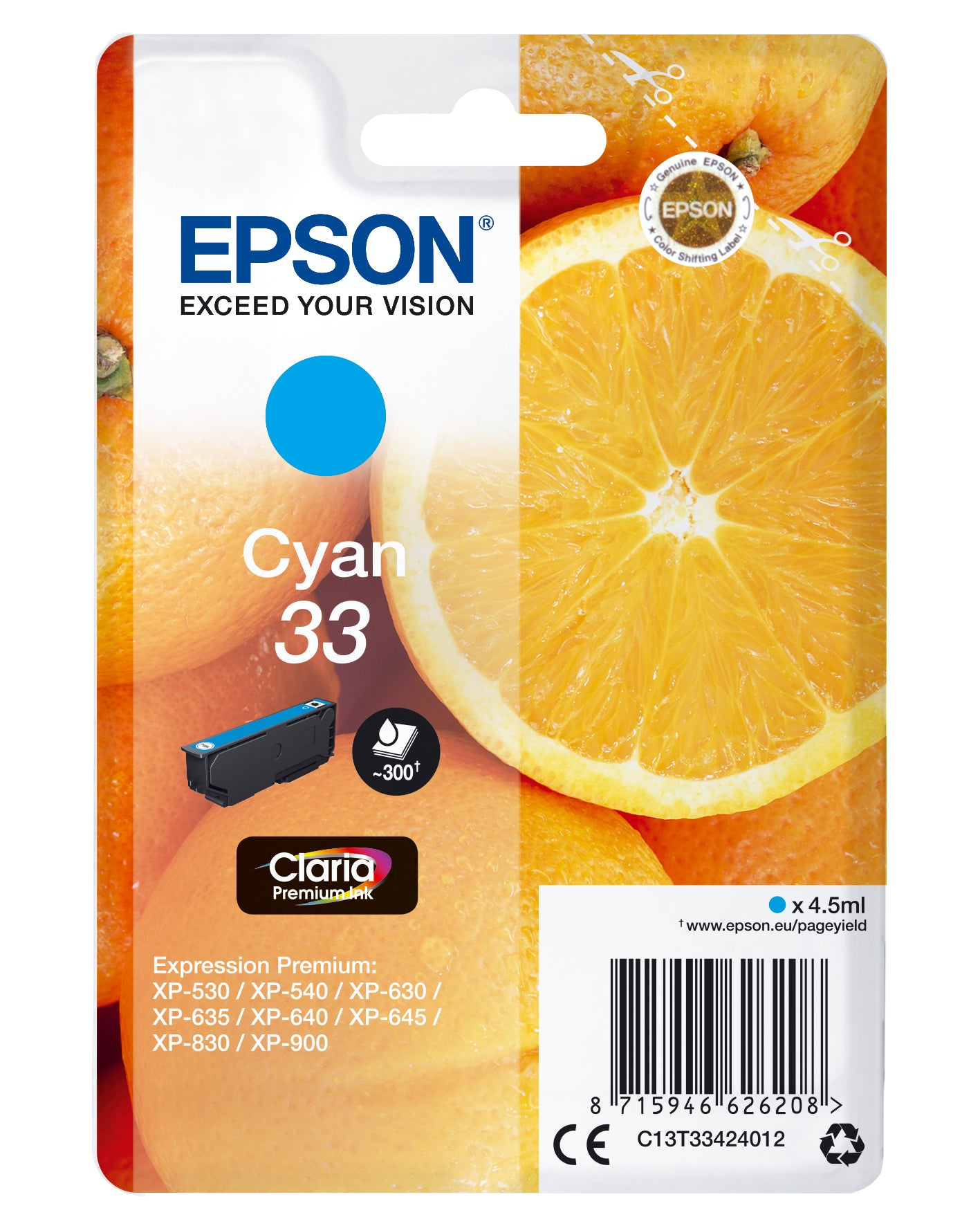 Epson C13T33424012/33 Ink cartridge cyan, 300 pages ISO/IEC 19752 4,5ml for Epson XP 530