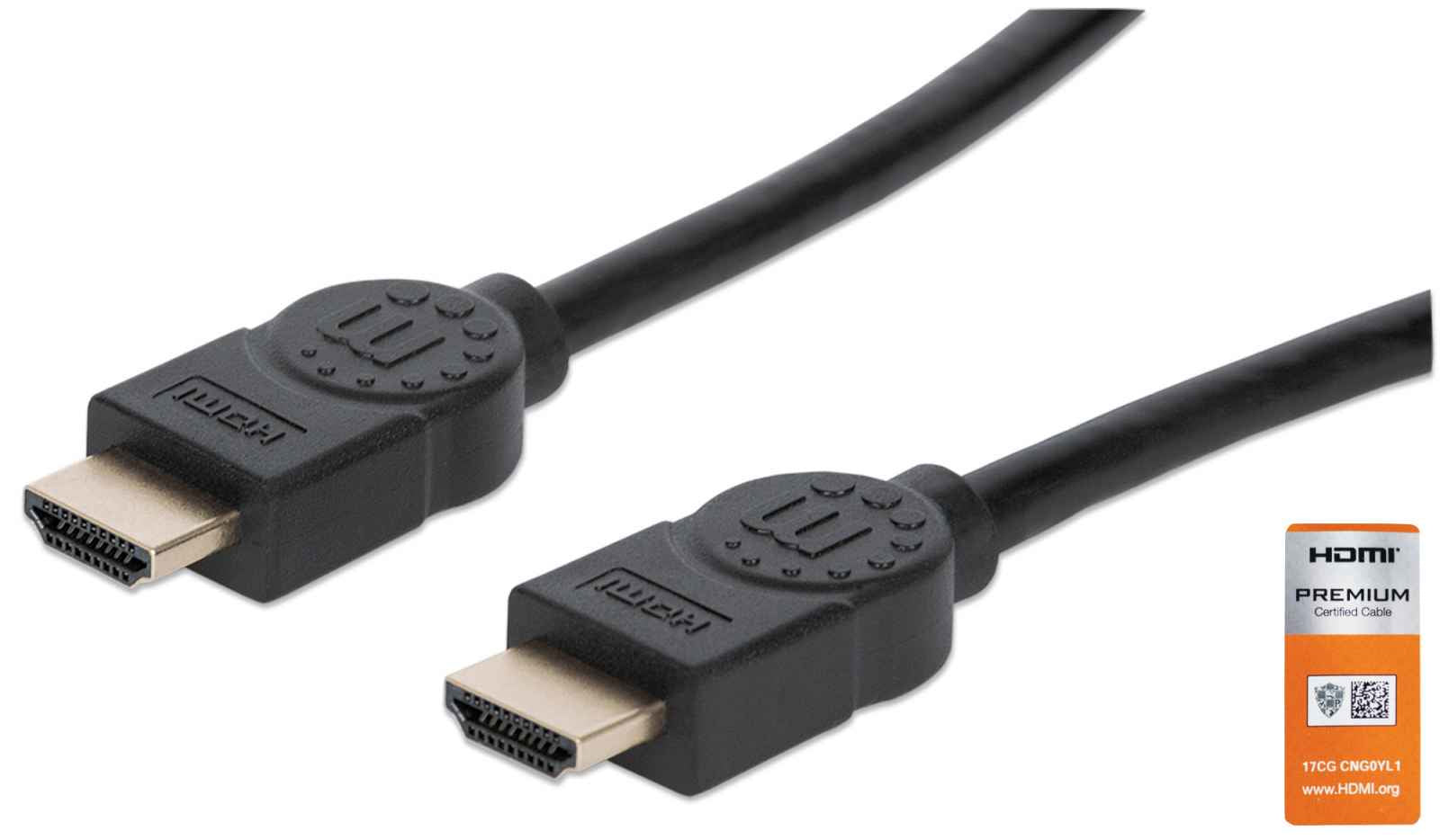 Manhattan HDMI Cable with Ethernet, 4K@60Hz (Premium High Speed), 1m, Male to Male, Black, Equivalent to HDMM1MP, Ultra HD 4k x 2k, Fully Shielded, Gold Plated Contacts, Lifetime Warranty, Polybag