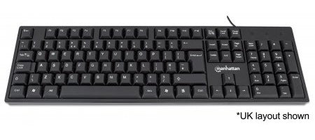 Manhattan Keyboard UK USB Wired, Standard Qwerty layout, Black, Full Size Keys, Cable 1.5m, USB-A connection, Plug and Play, Three Year Warranty, Retail Boxed  - Data Input Devices - Manhattan