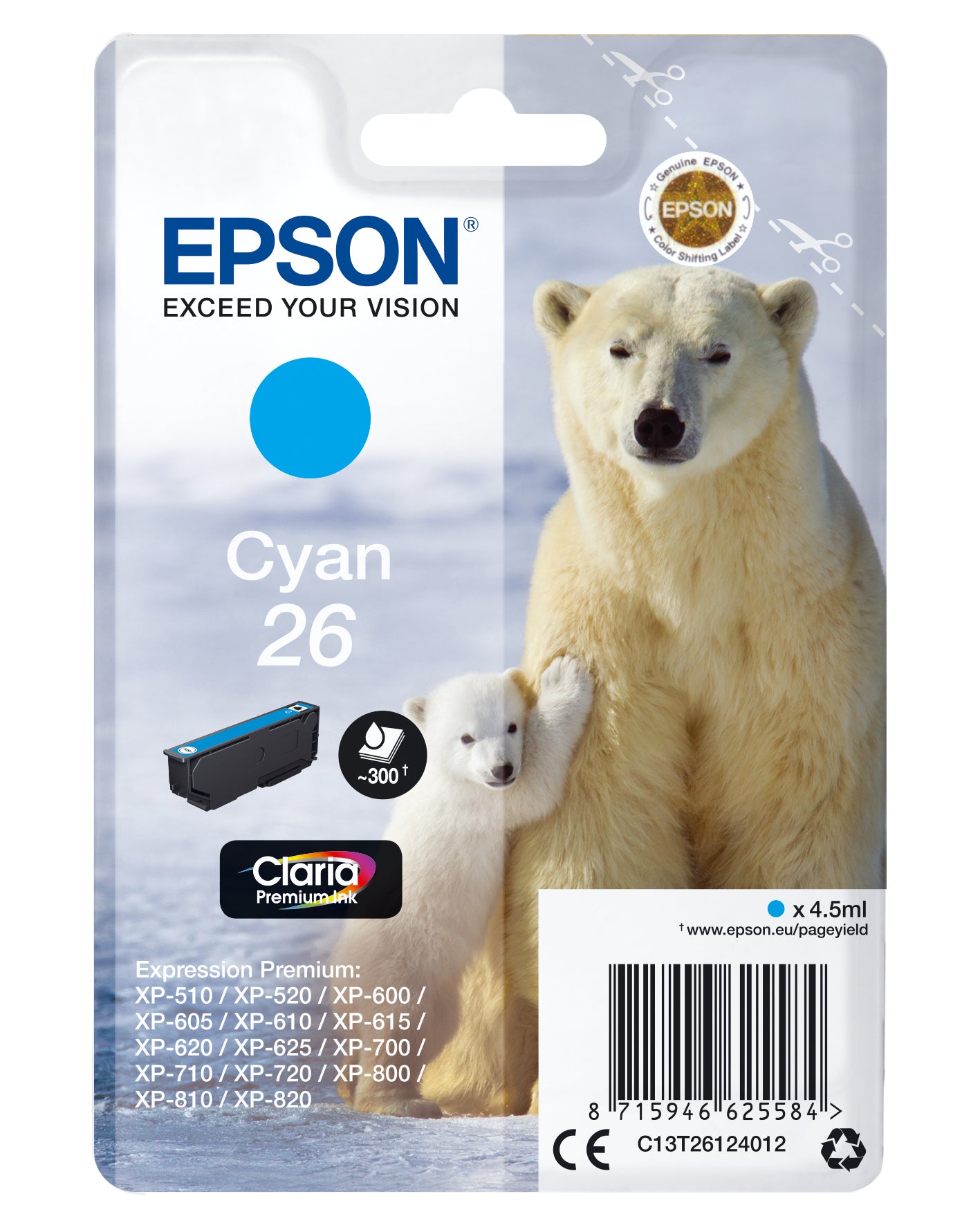 Epson C13T26124012/26 Ink cartridge cyan, 300 pages ISO/IEC 19752 4,5ml for Epson XP 600