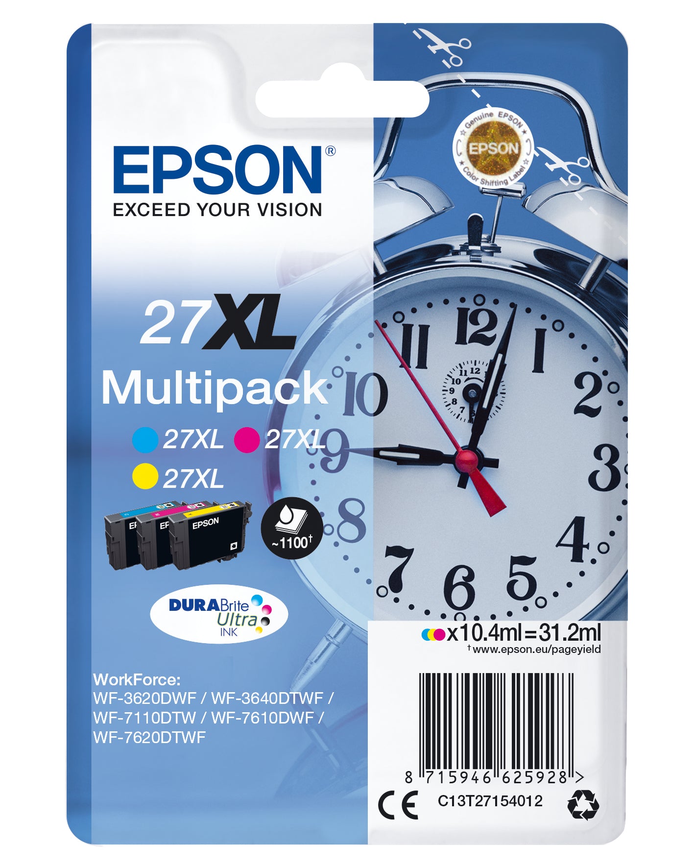 Epson C13T27154010/27XL Ink cartridge multi pack C,M,Y high-capacity, 3x1.1K pages 10.4ml Pack=3 for Epson WF 3620