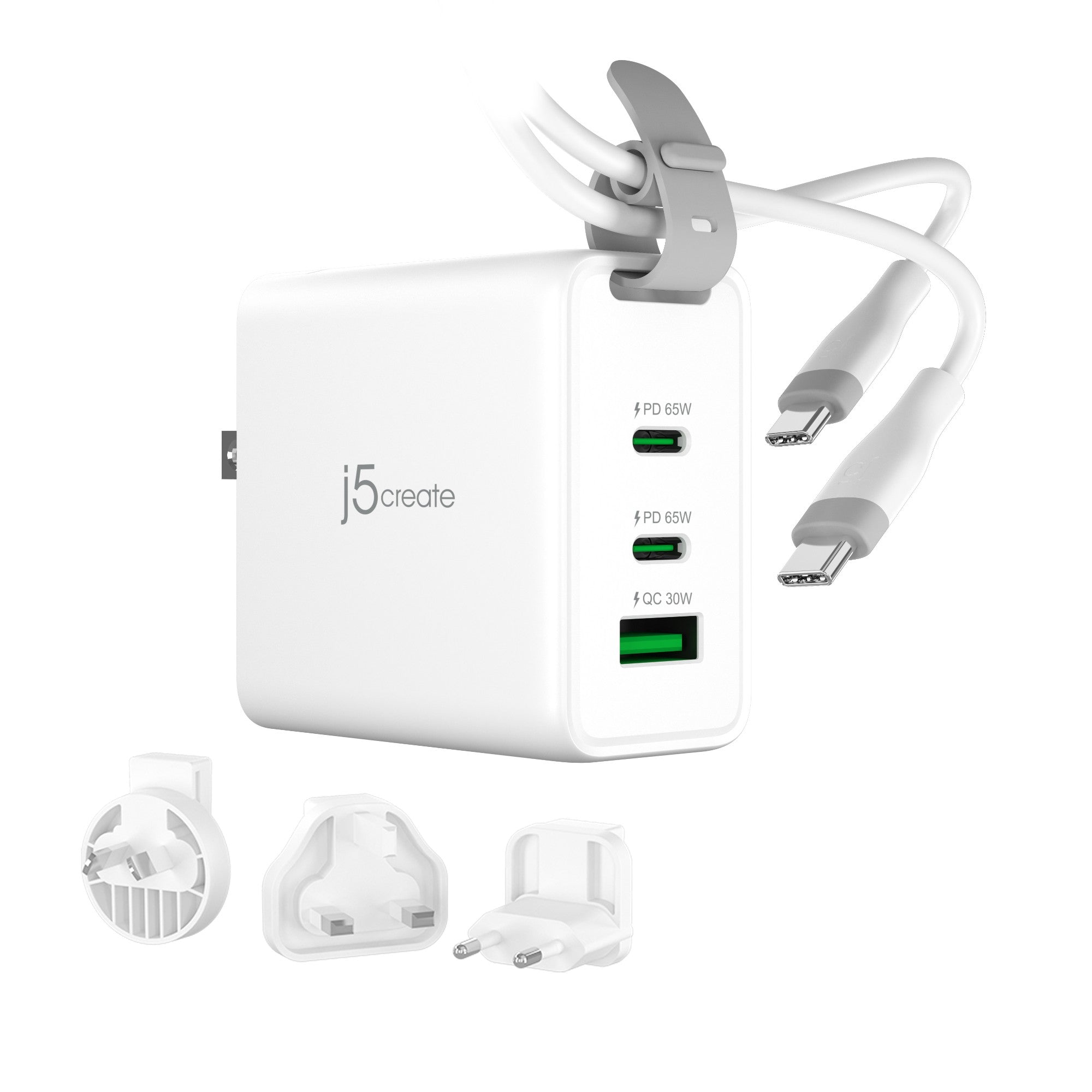 j5create 65W GaN USB-C 3-Port Traveler Charger with changeable AC plugs and USB-C cable  - Batteries & Power Supplies - j5create