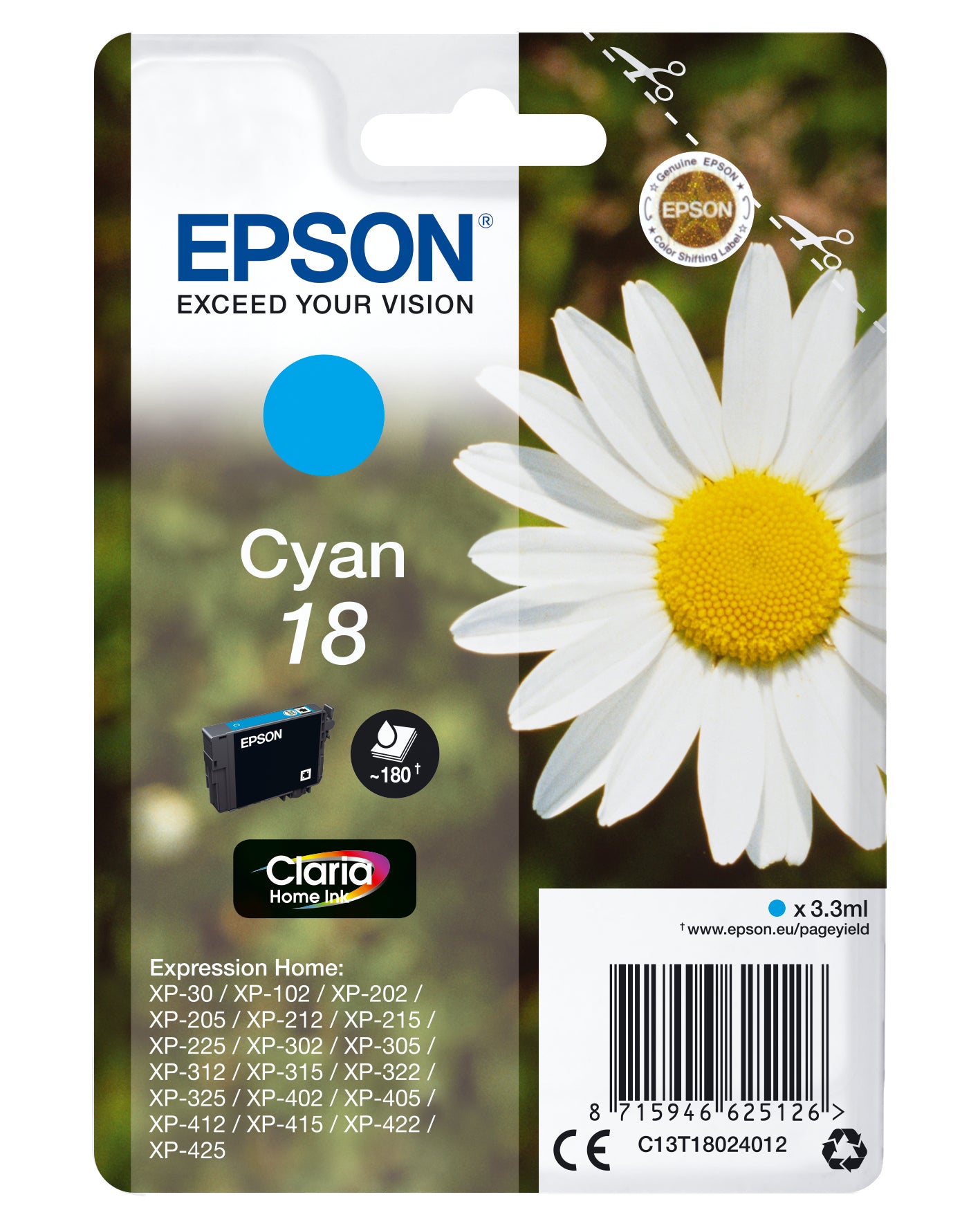 Epson C13T18024012/18 Ink cartridge cyan, 180 pages 3ml for Epson XP 30