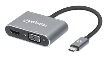 Manhattan USB-C Dock/Hub, Ports (x4): HDMI, USB-A, USB-C and VGA, With Power Delivery (87W) to USB-C Port (Note add USB-C wall charger and USB-C cable needed), All Ports can be used at the same time, Aluminium, Space Grey, Three Year Warranty, Retail Box
