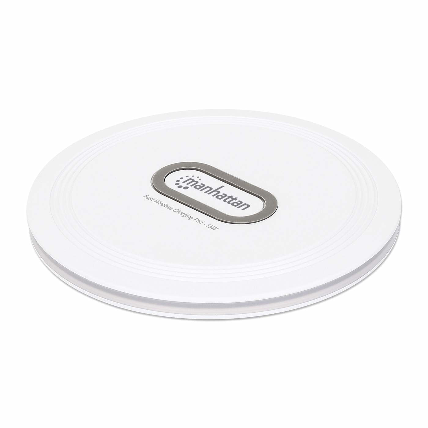 Manhattan Smartphone Wireless Charging Pad, Up to 15W charging (depends on device), QI certified, USB-C to USB-A cable included, USB-C input into pad, Cable 80cm, White, Three Year Warranty, Boxed