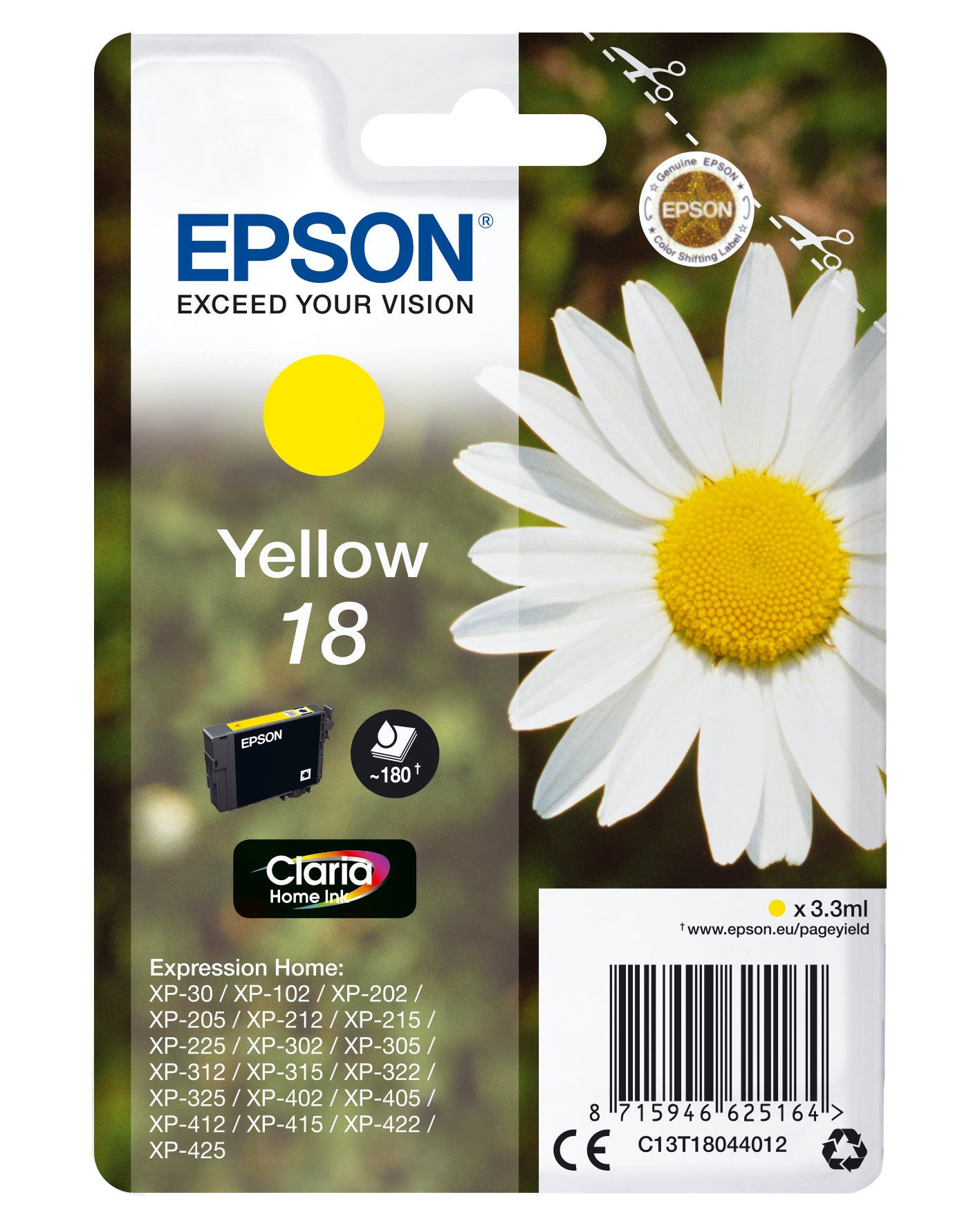 Epson C13T18044012/18 Ink cartridge yellow, 180 pages 3ml for Epson XP 30