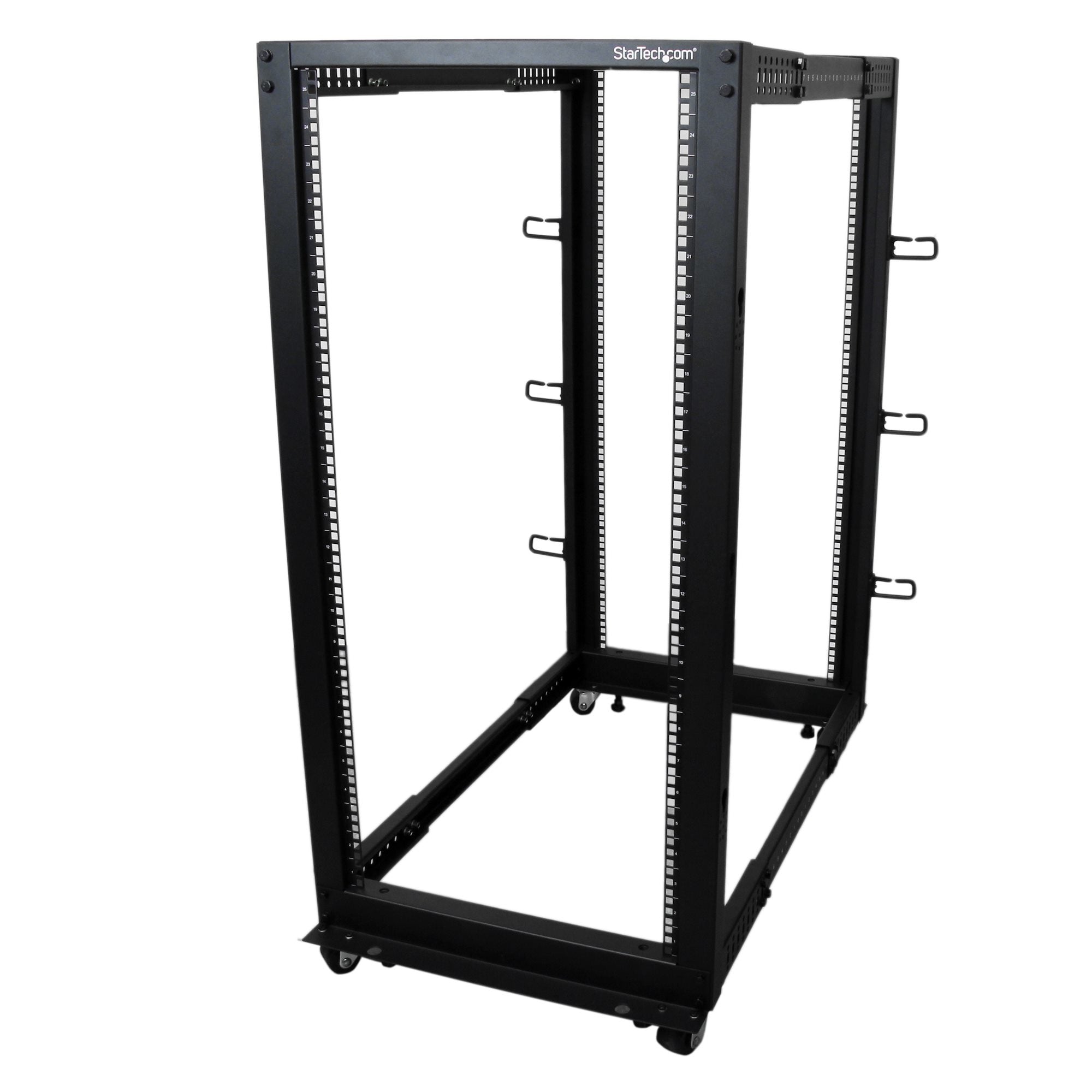 StarTech.com 4-Post 25U Mobile Open Frame Server Rack, Four Post 19in Network Rack with Wheels, Rolling Rack with Adjustable Depth for Computer/AV/Data/IT Equipment - Casters, Leveling Feet or Floor Mounting