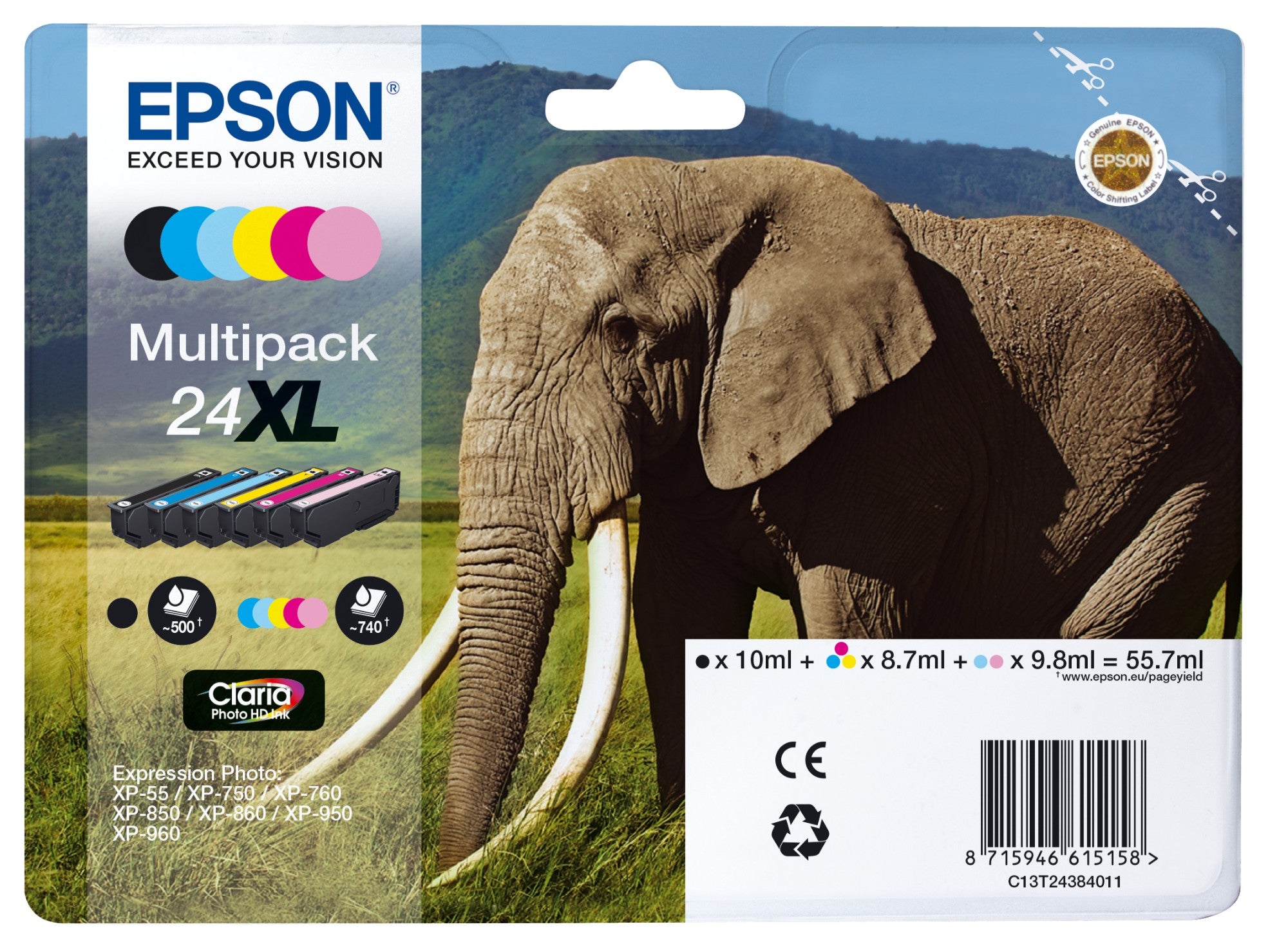 Epson C13T24384011/24XL Ink cartridge multi pack Bk,C,M,Y,LC,LM high-capacity, 6x740 pages 500pg + 5x740 pg, 1x10ml + 3x9ml + 2x10ml Pack=6 for Epson XP 750  - Printers & Scanners - Epson