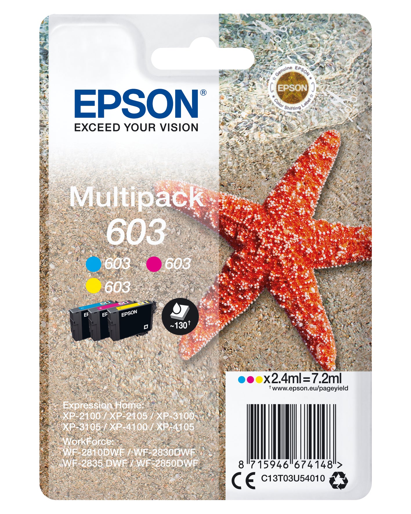 Epson C13T03U54010/603 Ink cartridge multi pack C,M,Y, 3x130 pages 7,2ml Pack=3 for Epson XP 2100