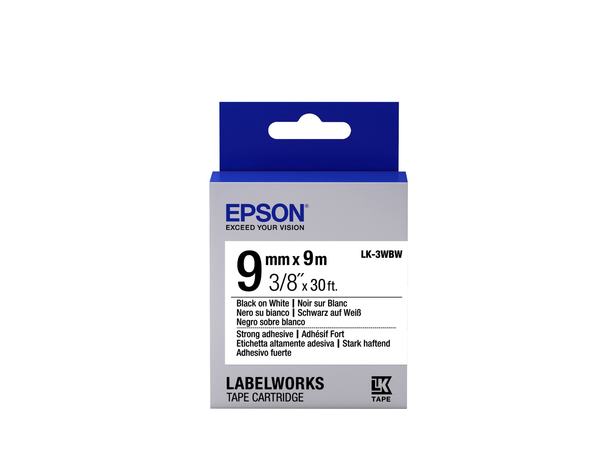 Epson C53S653007/LK-3WBW Ribbon black on white extra adhesive 9mm x 9m for Epson LabelWorks 4-18mm/36mm/6-12mm/6-18mm/6-24mm
