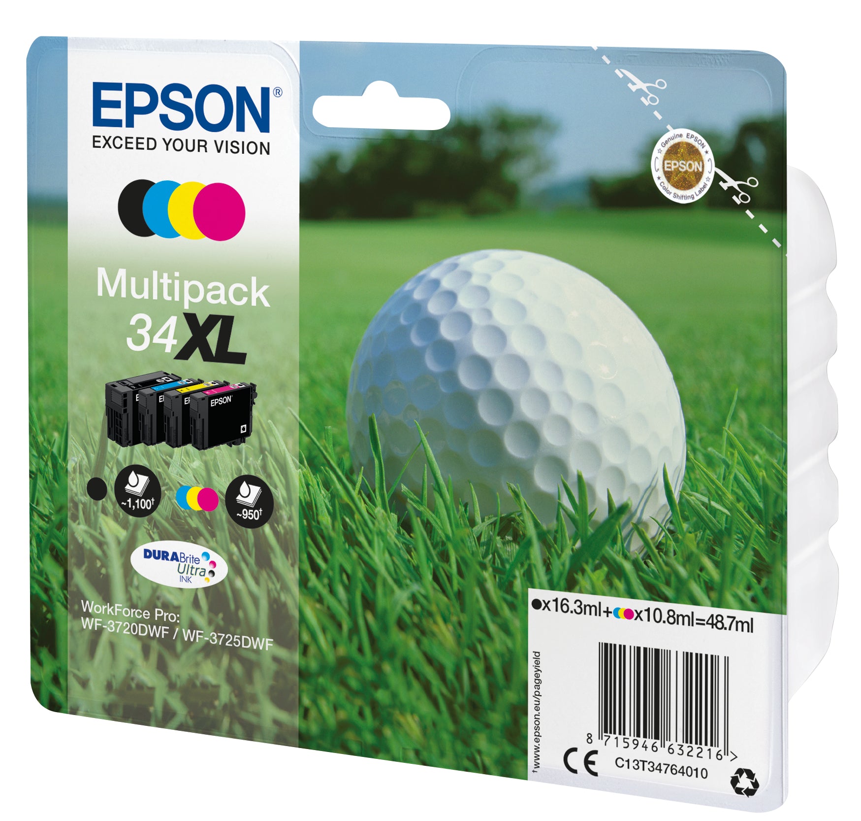 Epson C13T34764010/34XL Ink cartridge multi pack Bk,C,M,Y high-capacity 16,3ml + 3x10,8ml Pack=4 for Epson WF-3720